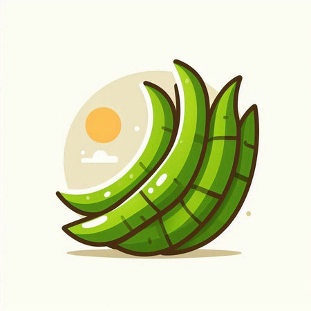 Illustration of a green banana with the sun in the background.のイラスト素材
