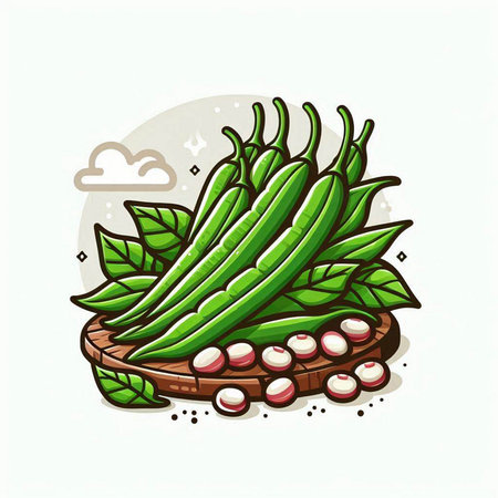 Illustration of green beans in a wooden plate. Vector illustration.のイラスト素材