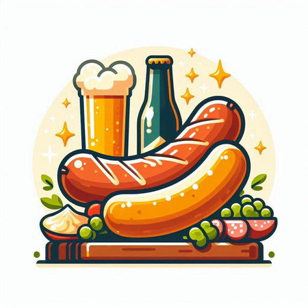 Sausages and beer on white background. Vector illustration in flat style.のイラスト素材