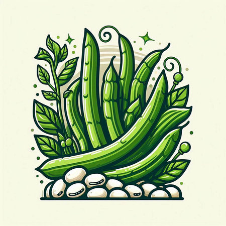 Illustration of green beans with leaves and stones. Vector illustration.のイラスト素材
