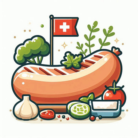 Sausage with vegetables and spices. Vector illustration in cartoon style.のイラスト素材