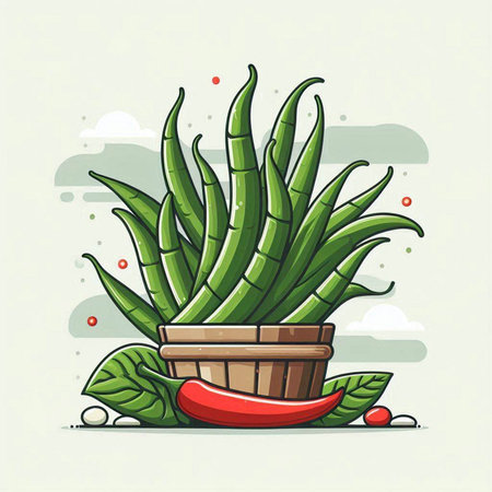 Aloe vera plant in pot with chili pepper. Hand drawn vector illustration.のイラスト素材