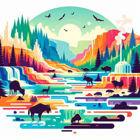 Landscape with river, mountains, forest and animals. Vector illustration.のイラスト素材