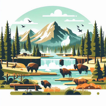 Mountain landscape with wild bison, lake and forest. Vector illustration.のイラスト素材