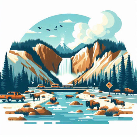 Landscape with mountains, river, forest and cows. Vector illustration.のイラスト素材