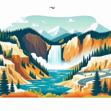 Waterfall in the mountains. Waterfall in the mountains. Vector illustration.のイラスト素材