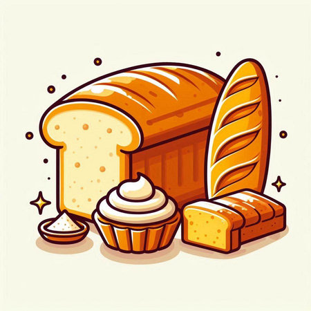 Illustration of a loaf of bread with butter and muffin.のイラスト素材