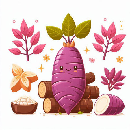 Cartoon sweet potato character with healthy food ingredients. Sweet potato vector illustrationのイラスト素材