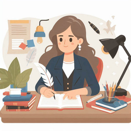 Young woman sitting at her desk writing in her notebook. Vector illustration.のイラスト素材