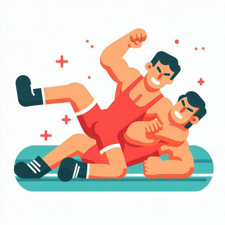 Two strong men wrestling. Flat vector illustration isolated on white background.のイラスト素材