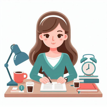 Girl sitting at the desk and writing in notebook. Vector illustration.のイラスト素材