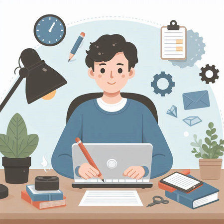 Young man working on laptop at home. Flat style vector illustration.のイラスト素材