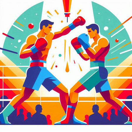 Boxing competition. Vector illustration of two boxers fighting in ring.のイラスト素材