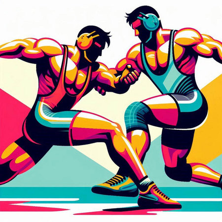 Two strong men fight against each other. Colorful vector illustration.のイラスト素材