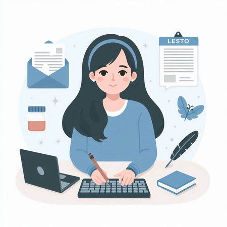 Young woman working at home. Vector illustration in a flat style.のイラスト素材