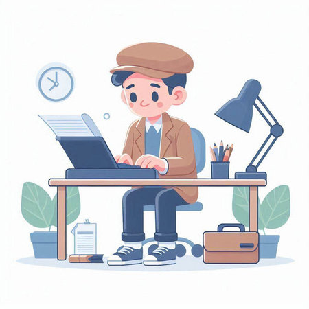 Vector illustration of a young man working on a laptop in the officeのイラスト素材