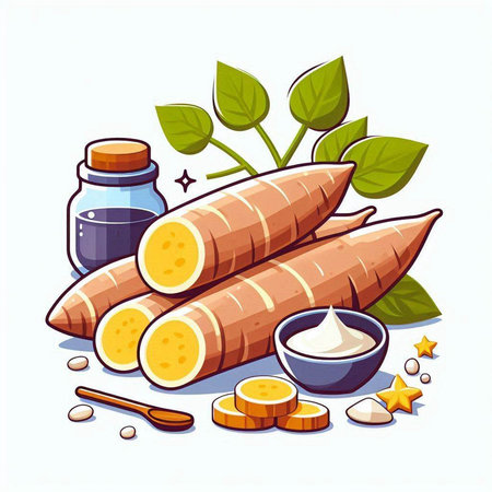 Turmeric root and its ingredients. Vector illustration in flat style.のイラスト素材
