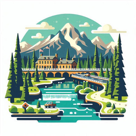 Mountain landscape with bridge, river and forest. Vector illustration.のイラスト素材