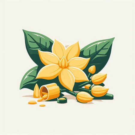 Coffee tree branch with leaves and flowers, vector illustration.のイラスト素材