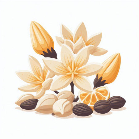 Illustration of a bouquet of flowers and nuts on a white backgroundのイラスト素材
