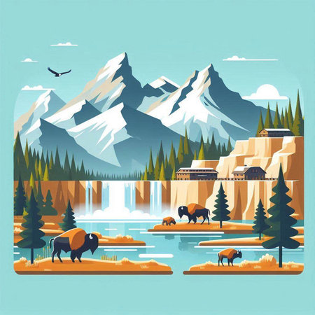 Landscape with mountains, river, forest and bison. Vector illustrationのイラスト素材