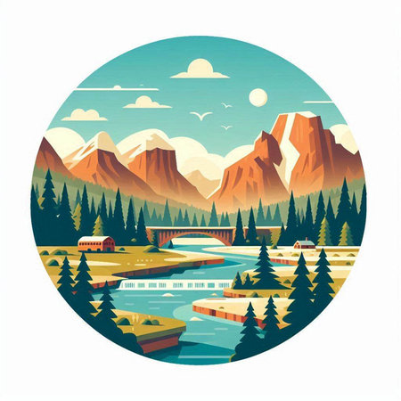 Mountain landscape with river and forest in round icon. Vector illustration.のイラスト素材