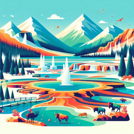 Mountain landscape with lake, forest and mountains. Vector illustration.のイラスト素材