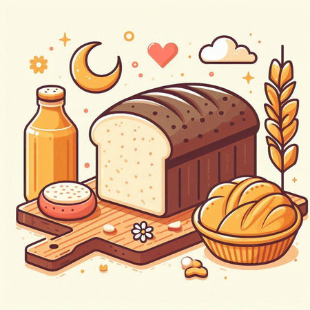 Bread and bakery products. Vector illustration in flat cartoon style.のイラスト素材