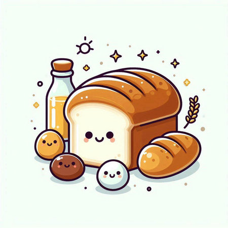 Cute cartoon bread and milk. Vector illustration on white background.のイラスト素材