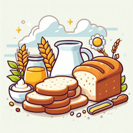 Illustration of bread, milk and other products. Vector illustration.のイラスト素材