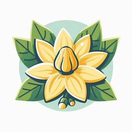 Illustration of a yellow flower with green leaves on a white backgroundのイラスト素材