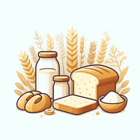 Bread and wheat. Vector illustration in cartoon style. Isolated on white background.のイラスト素材