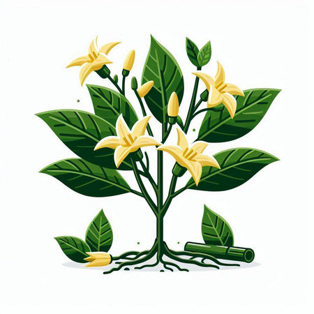 Branch with yellow flowers and leaves isolated on white background. Vector illustration.のイラスト素材