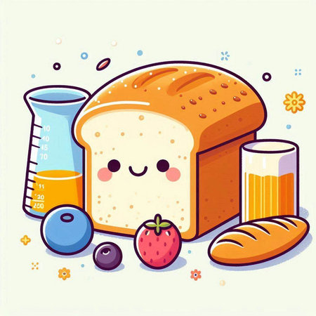 Illustration of a cute kawaii bread character with healthy foodのイラスト素材