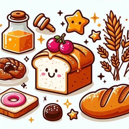 Bread and bakery icons set in cartoon style. Vector illustration.のイラスト素材