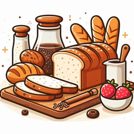 Illustration of a Set of Bread and Bakery Items on a White Backgroundのイラスト素材