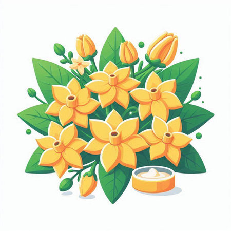 Vector illustration of a bouquet of yellow flowers and green leaves.のイラスト素材