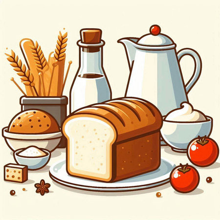 Illustration of a set of bakery products including a loaf of bread, a jug of oil, a bowl of flour, a glass of milk, a jar of butter, a bowl of wheat ears, a jug of milk and a jug of creamのイラスト素材
