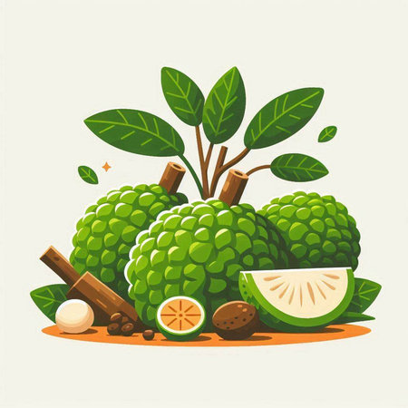 Kaffir lime, green bergamot, cinnamon, lemon, sugarcane vector illustrationのイラスト素材
