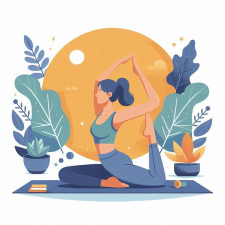 Woman practicing yoga. Healthy lifestyle. Vector illustration in flat style.のイラスト素材