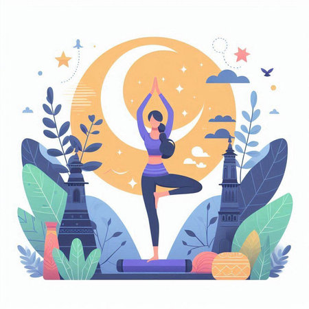 Woman practicing yoga on the background of the crescent moon. Vector illustration.のイラスト素材