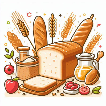 Bread and bakery products. Vector illustration in flat cartoon style.のイラスト素材