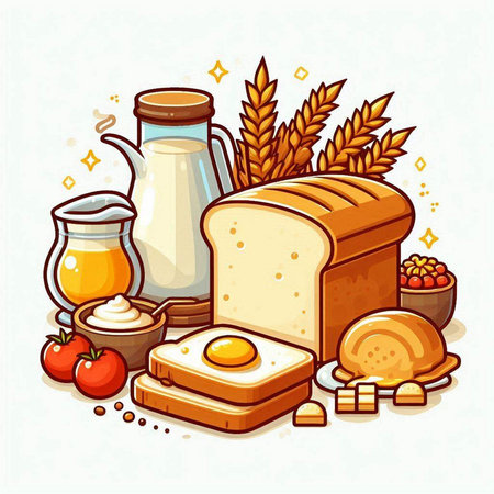 Illustration of a set of bread, dairy products and wheat earsのイラスト素材