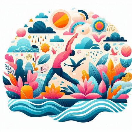 Vector illustration of a girl doing yoga on the seashore.のイラスト素材