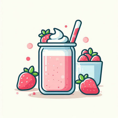Strawberry smoothies in a glass jar. Vector illustration.のイラスト素材