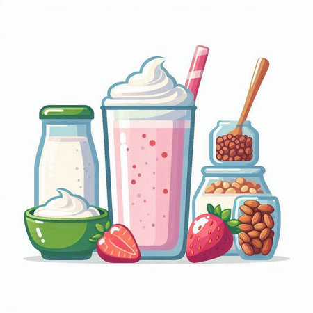 Milk shakes and ingredients on a white background. Vector illustration.のイラスト素材