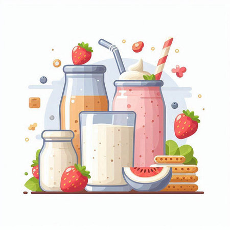 Milk shakes with fruits and berries. Healthy breakfast. Vector illustrationのイラスト素材