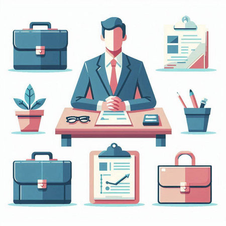 Businessman sitting at desk with documents, briefcase and briefcase. Vector illustrationのイラスト素材