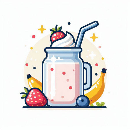 Milkshake with strawberry, banana and whipped cream. Vector illustration.のイラスト素材