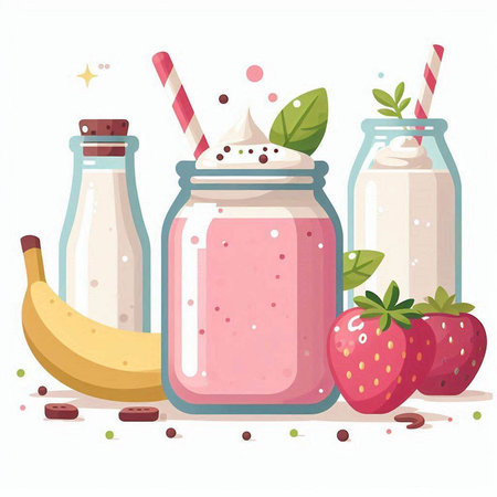Strawberry and banana smoothies in glass jars. Vector illustration.のイラスト素材